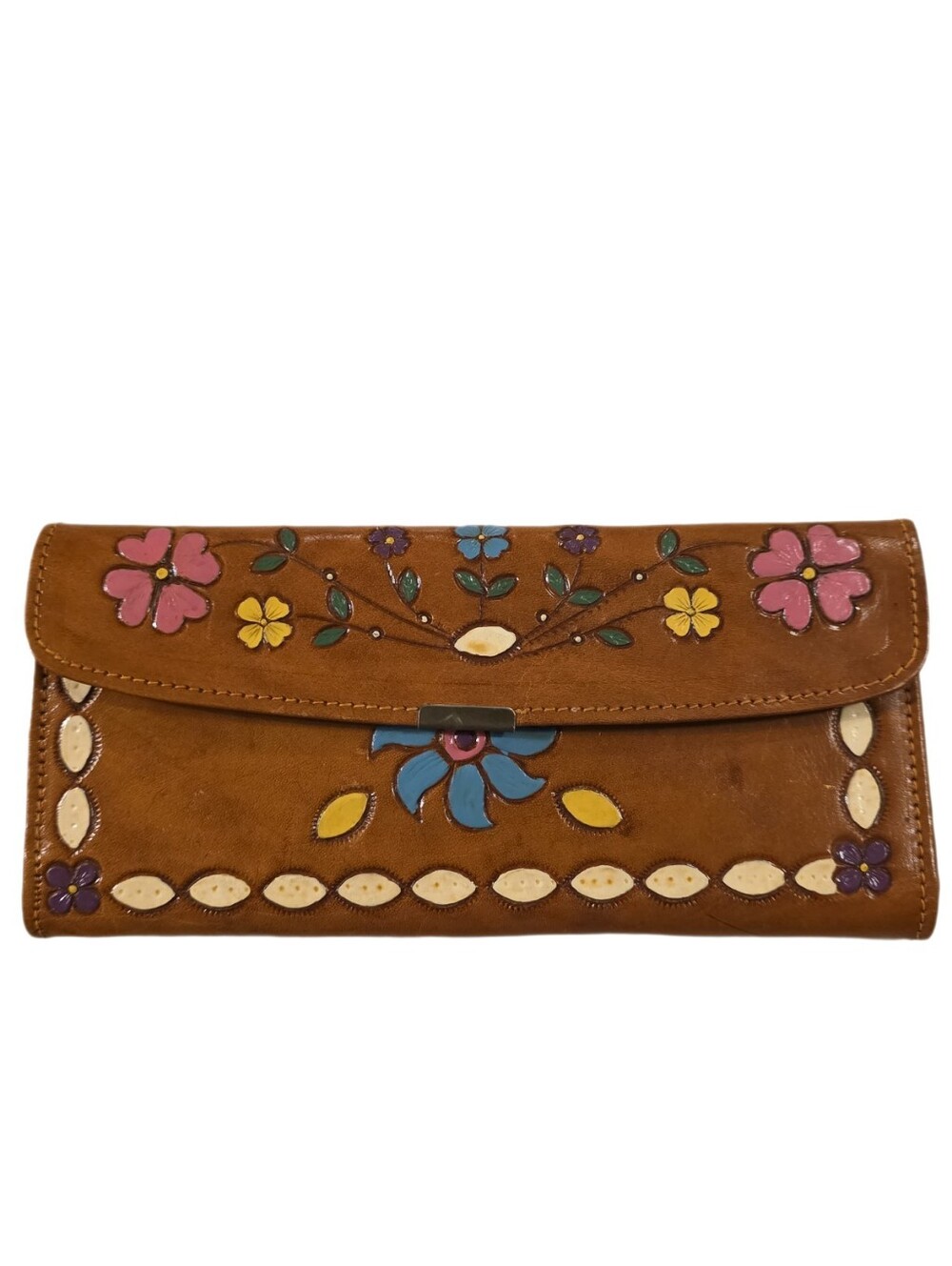 Vintage Brown Leather Wallet with Multicolor Floral Appliqué